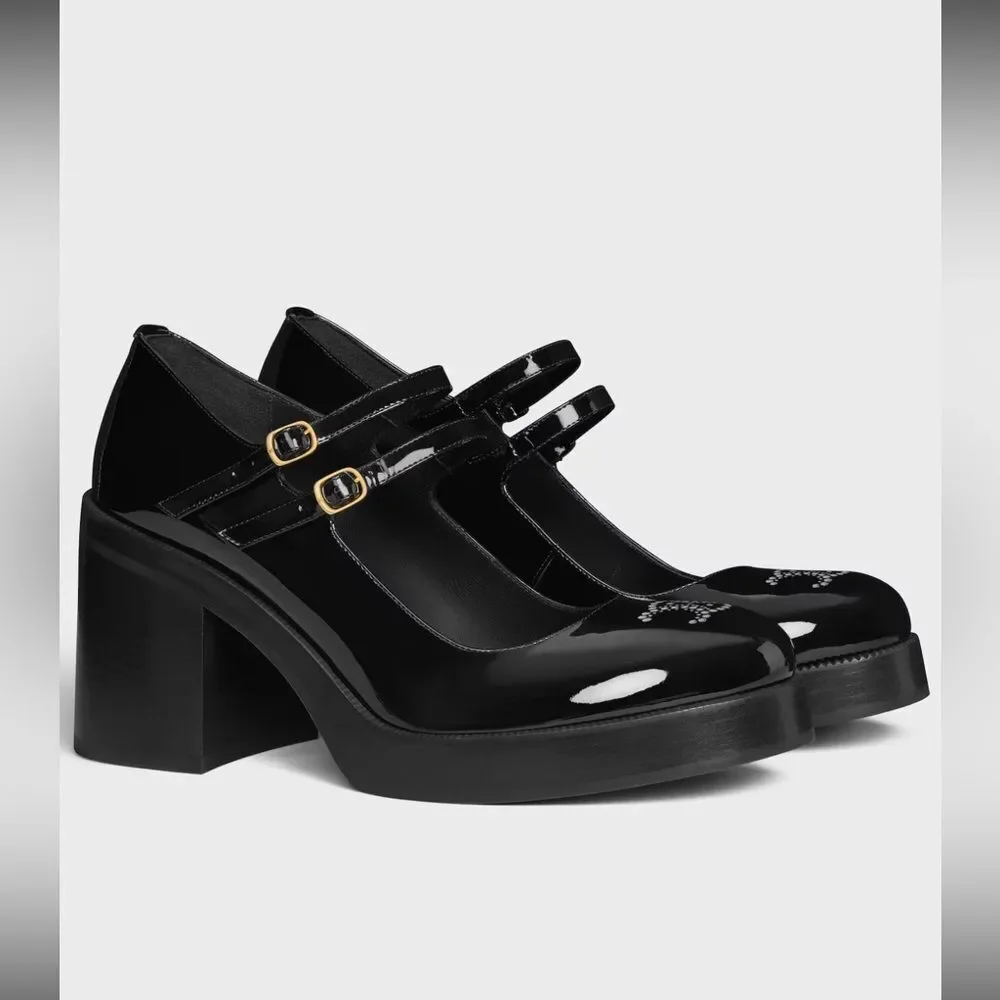 NEW Celine Tess Babies Perforated Triomphe Black Patent Platform Heels Size 7.5